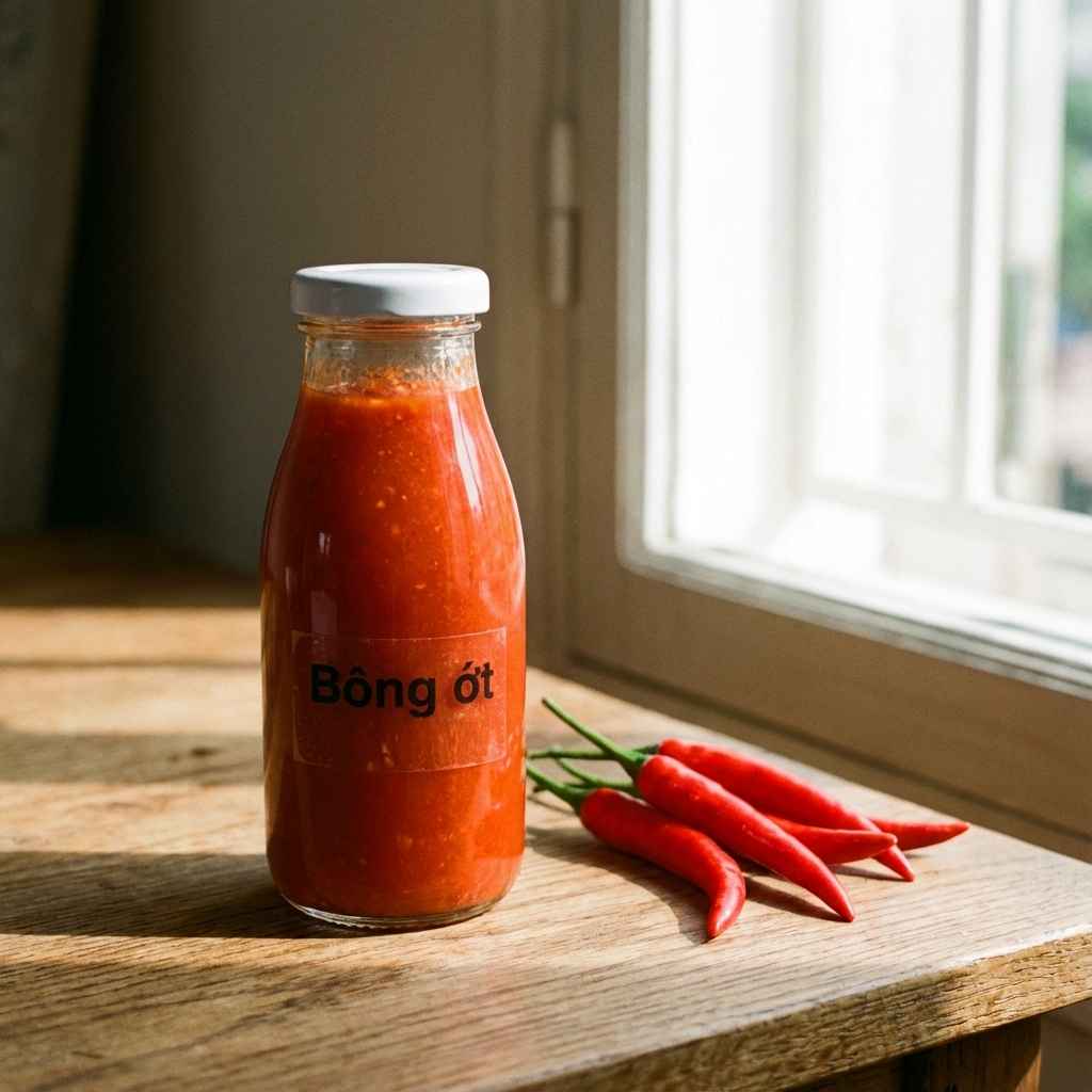 Chai tương ớt Bông Ớt bên cửa sổ với ớt tươi